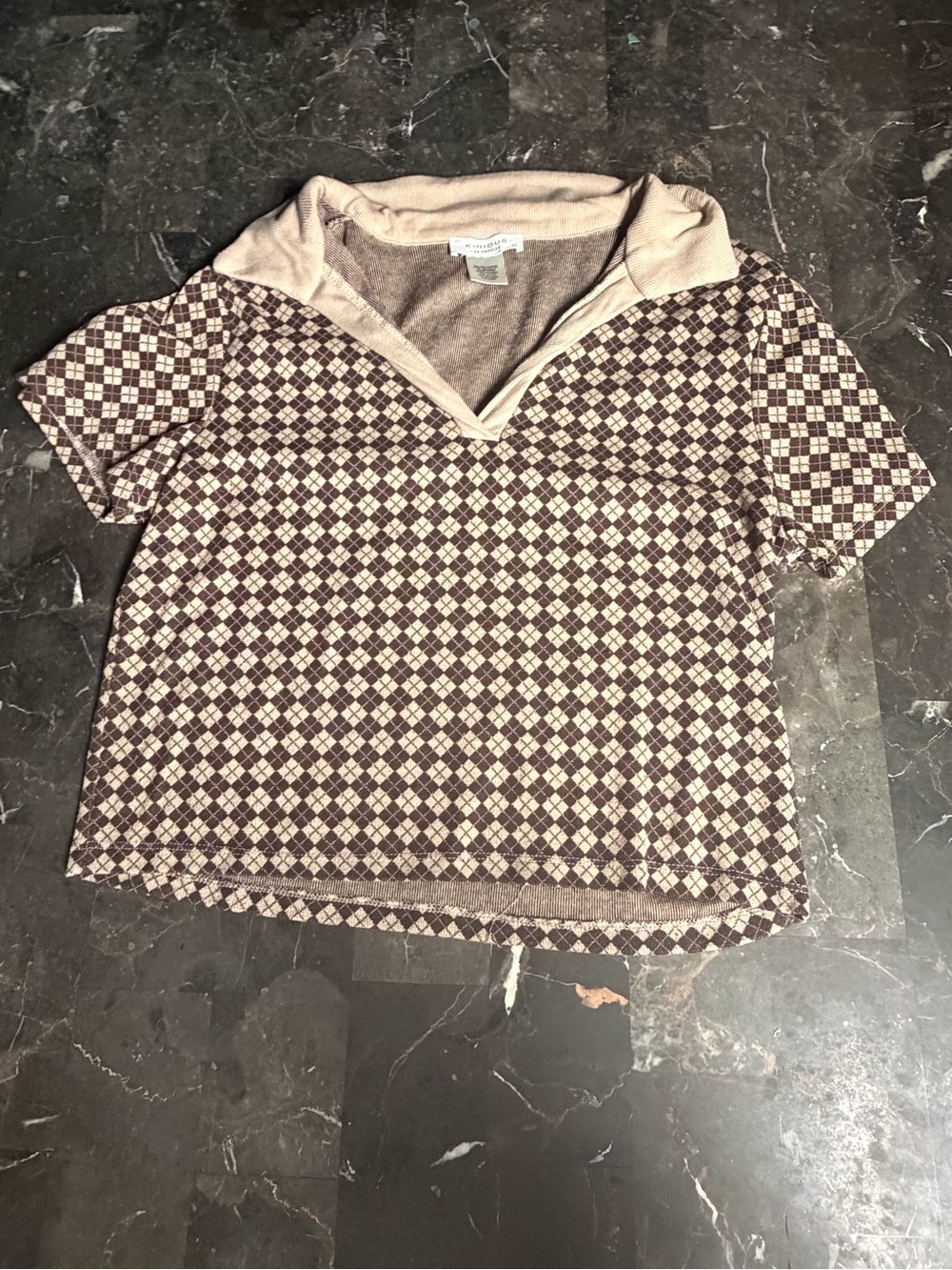 Women's Short Sleeve Diamond-Pattern Polo Top in Beige and Brown